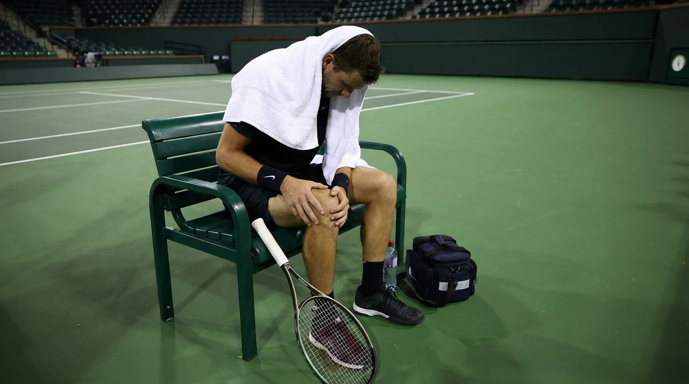 Joueur de tennis assis sur sa chaise se tenant le genou avec une serviette sur la tête