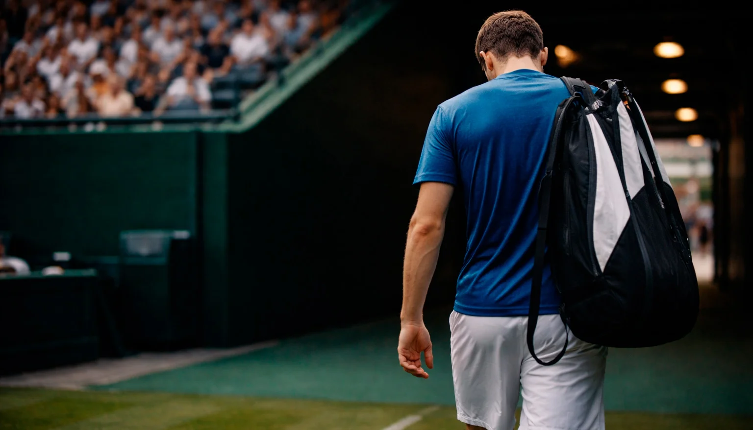 Joueur de tennis quittant le court avec sa raquette sous le bras