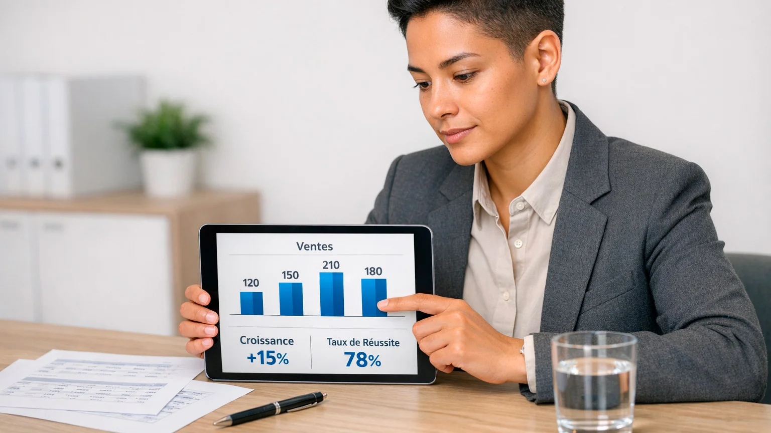 Professionnel analysant des données statistiques sur une tablette