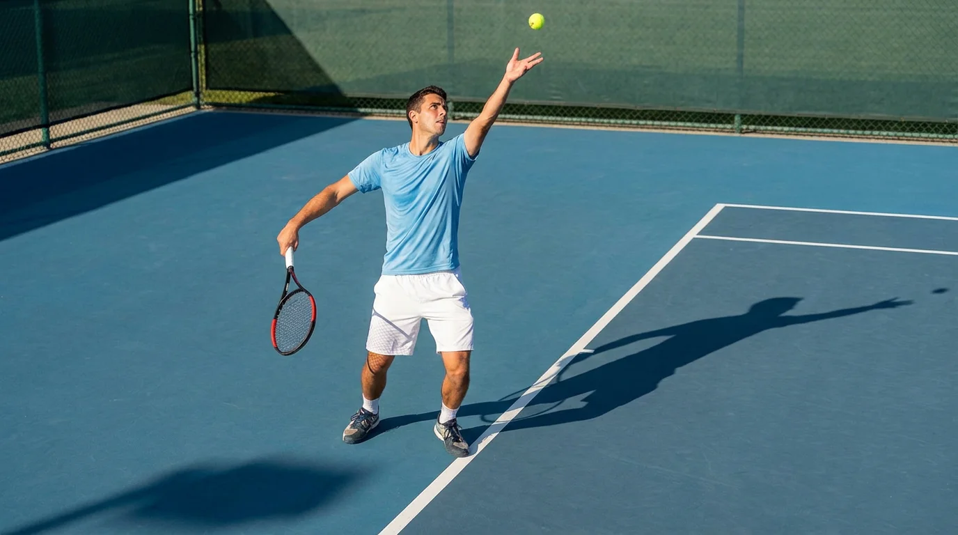 Joueur de tennis lançant la balle pour un service sur court en dur ensoleillé