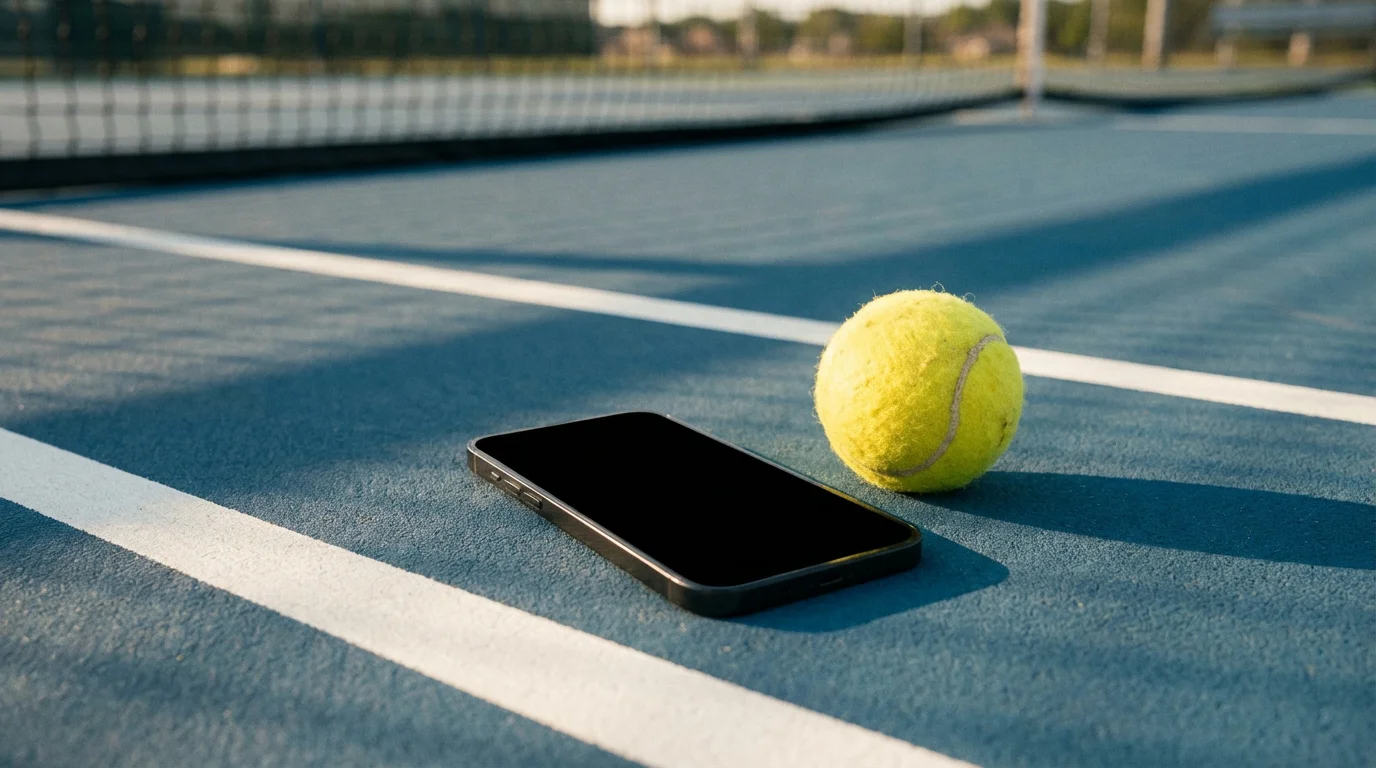 Smartphone posé sur un court de tennis avec une balle jaune à côté