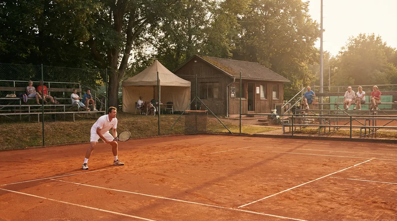 Petit court de tennis intime avec quelques spectateurs proches du terrain