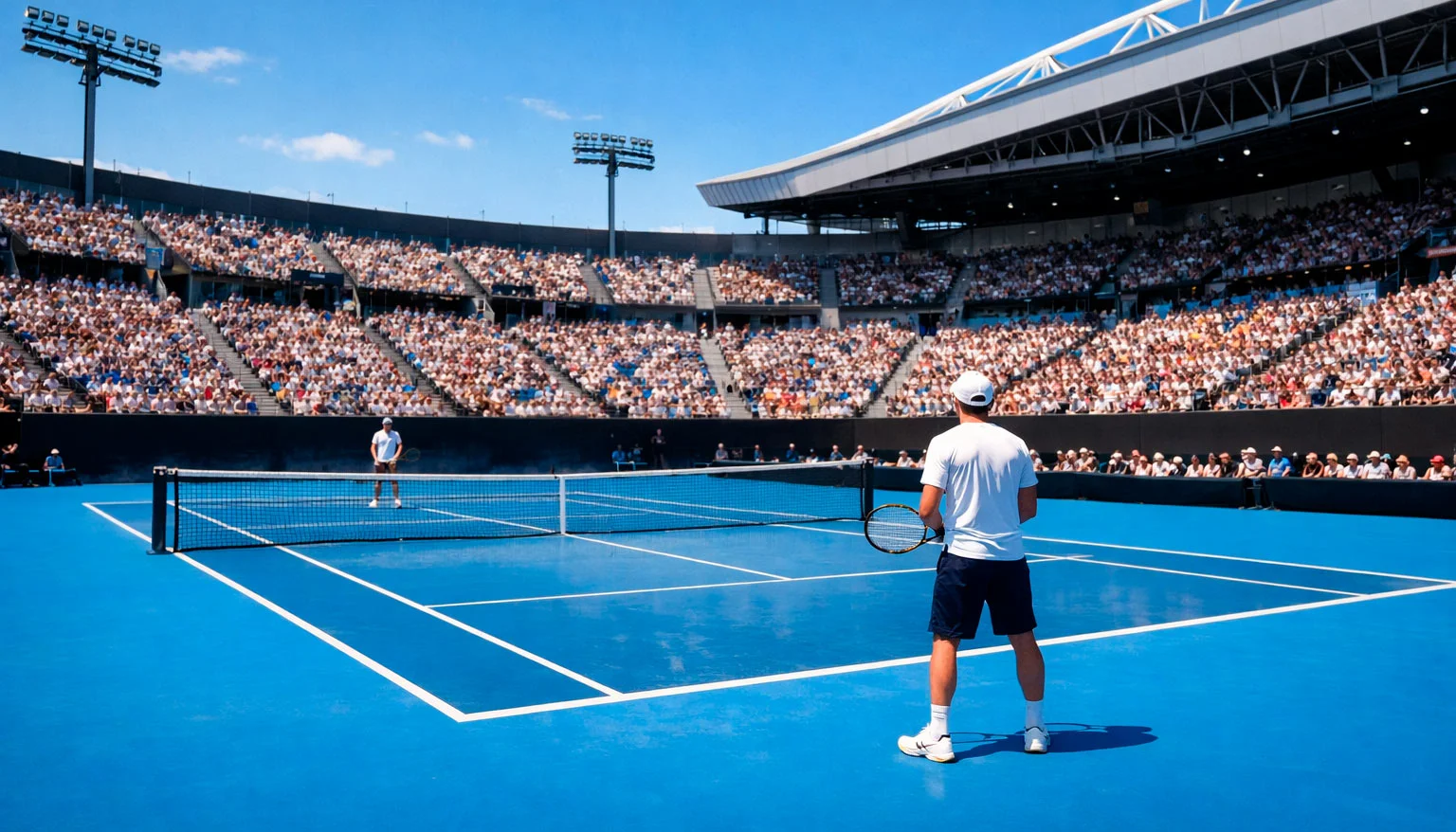Court de tennis à Melbourne avec ciel bleu et public nombreux