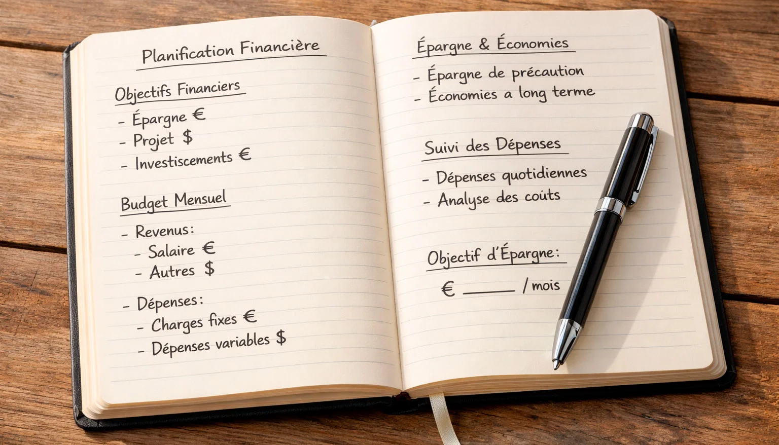 Bloc-notes avec plan financier et symboles monétaires dessinés