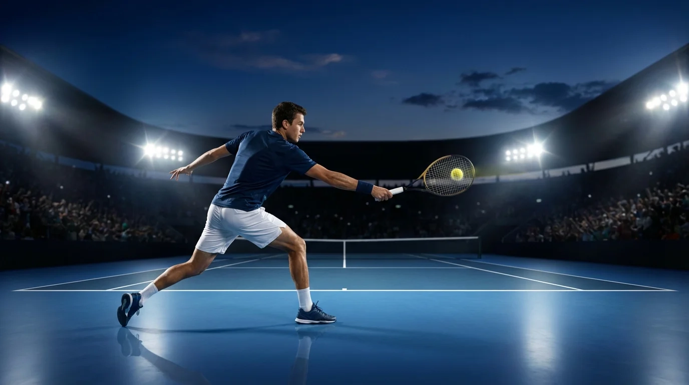 Joueur de tennis en action sur court dur lors d'un match diffusé en streaming