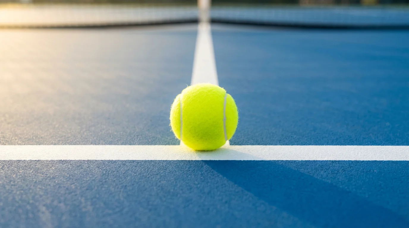 Balle de tennis neuve posée au centre du court sur la ligne de service