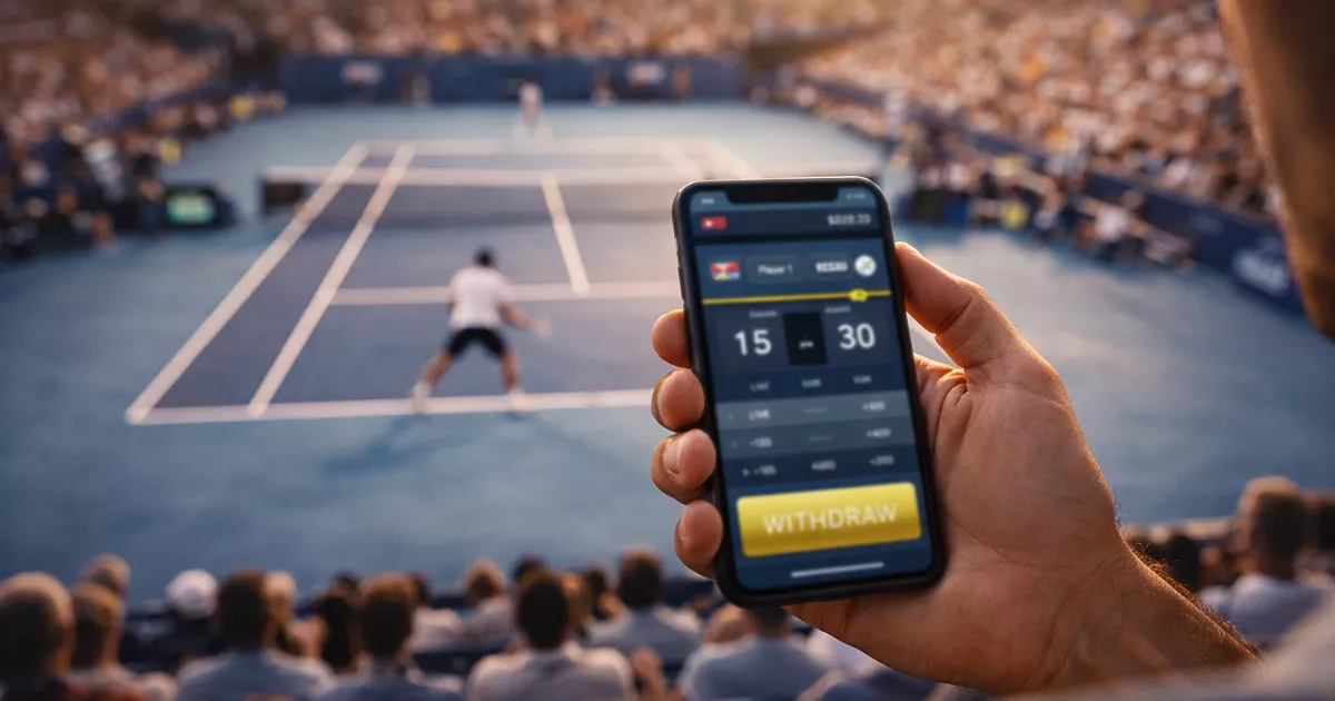 Main d'un parieur tenant un smartphone avec un match de tennis en arrière-plan