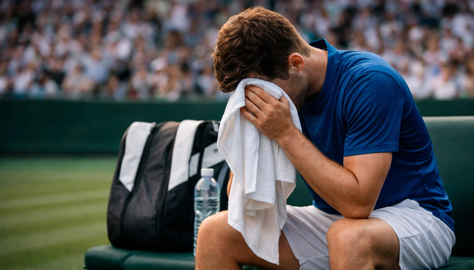 Joueur de tennis épuisé s'essuyant le visage avec une serviette