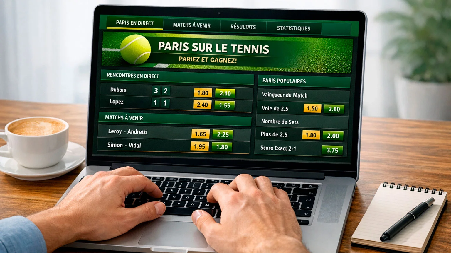 Écran d'ordinateur portable affichant un site de paris sportifs tennis avec des cotes
