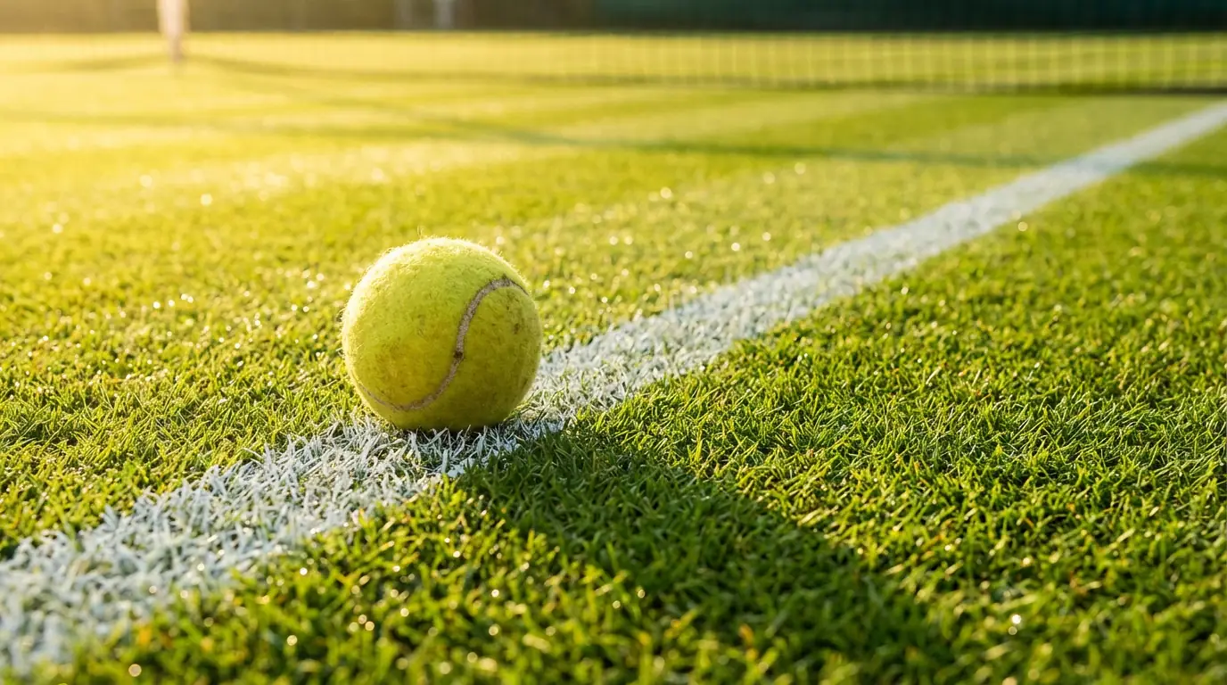 Balle de tennis sur la ligne d'un court avec éclairage de stade en arrière-plan
