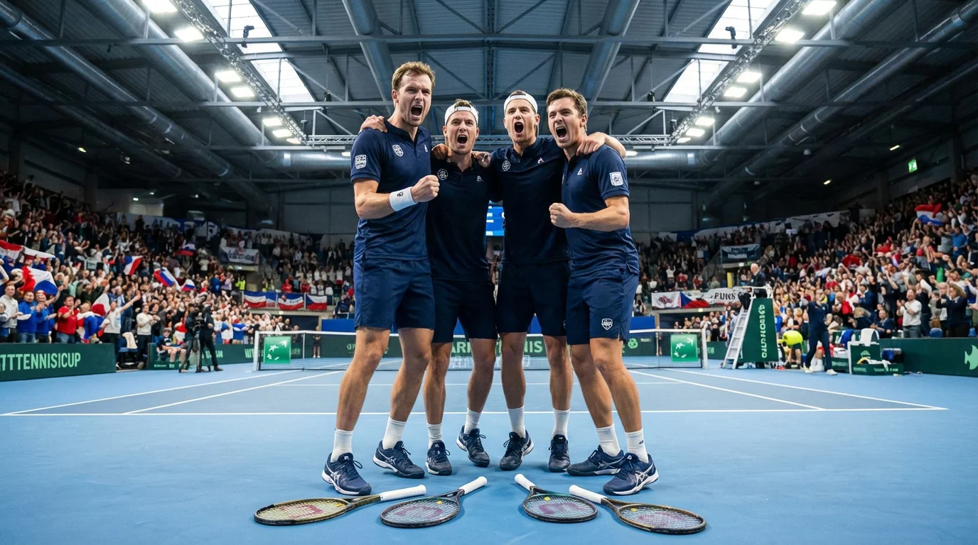 Équipe de tennis célébrant ensemble sur le court après une victoire en Coupe Davis