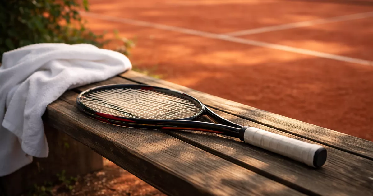 Raquette de tennis posée sur un banc à côté d'un court en terre battue vide