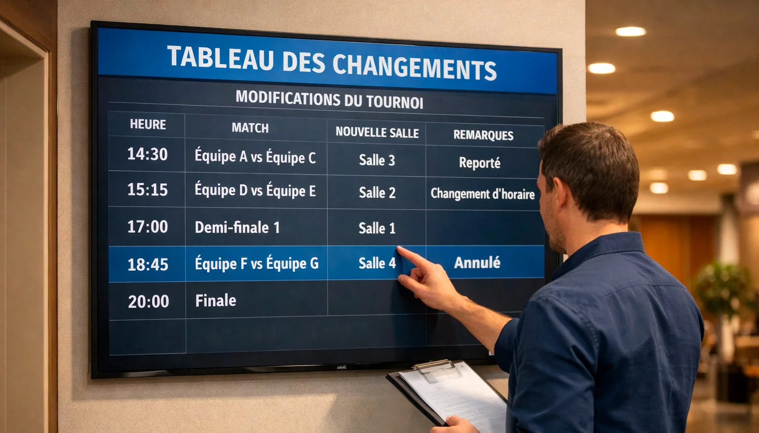 Panneau d'affichage de tournoi avec modification de programme