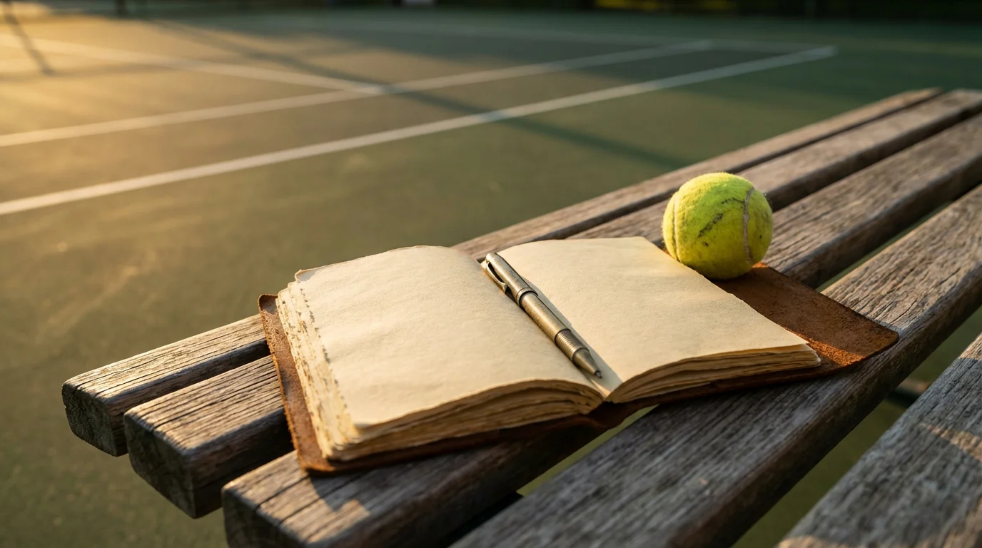 Carnet ouvert et stylo posés sur un banc au bord d'un court de tennis