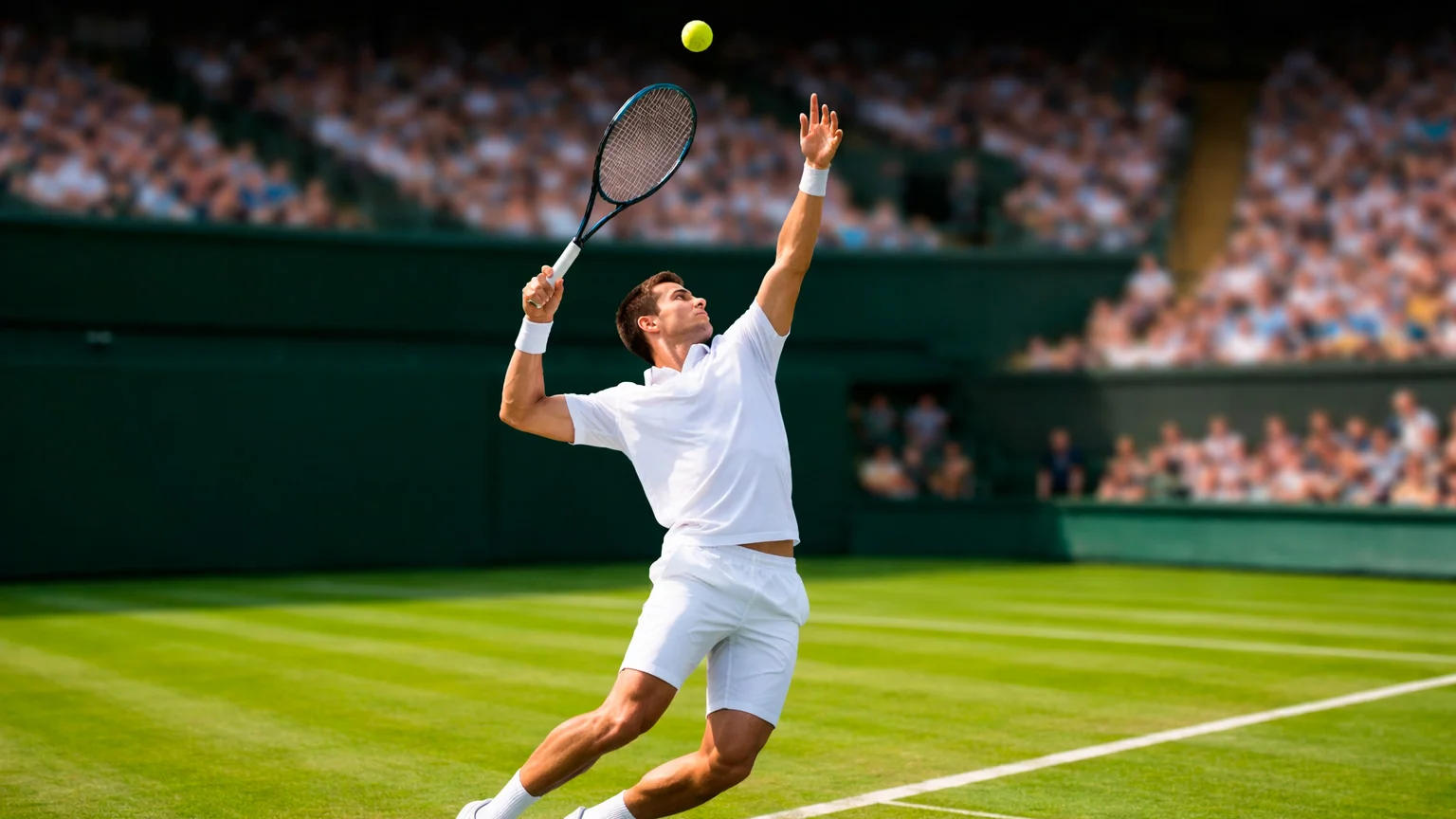 Joueur de tennis professionnel servant sur un court en gazon de Wimbledon