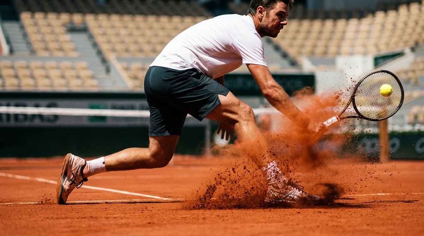 Joueur de tennis glissant sur terre battue pour un retour puissant