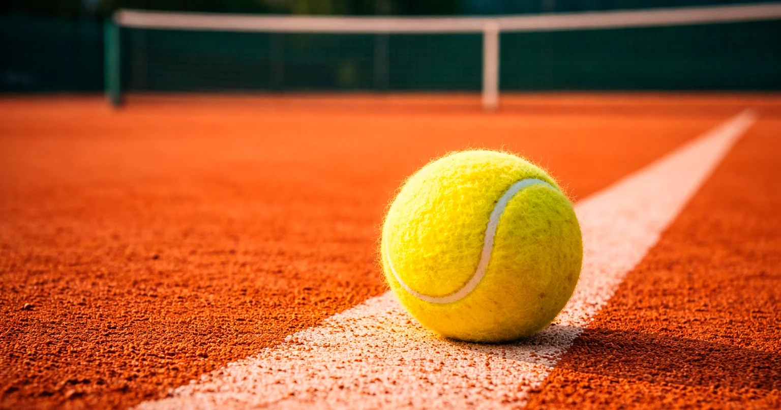 Court de tennis en terre battue avec balle jaune prête pour le service