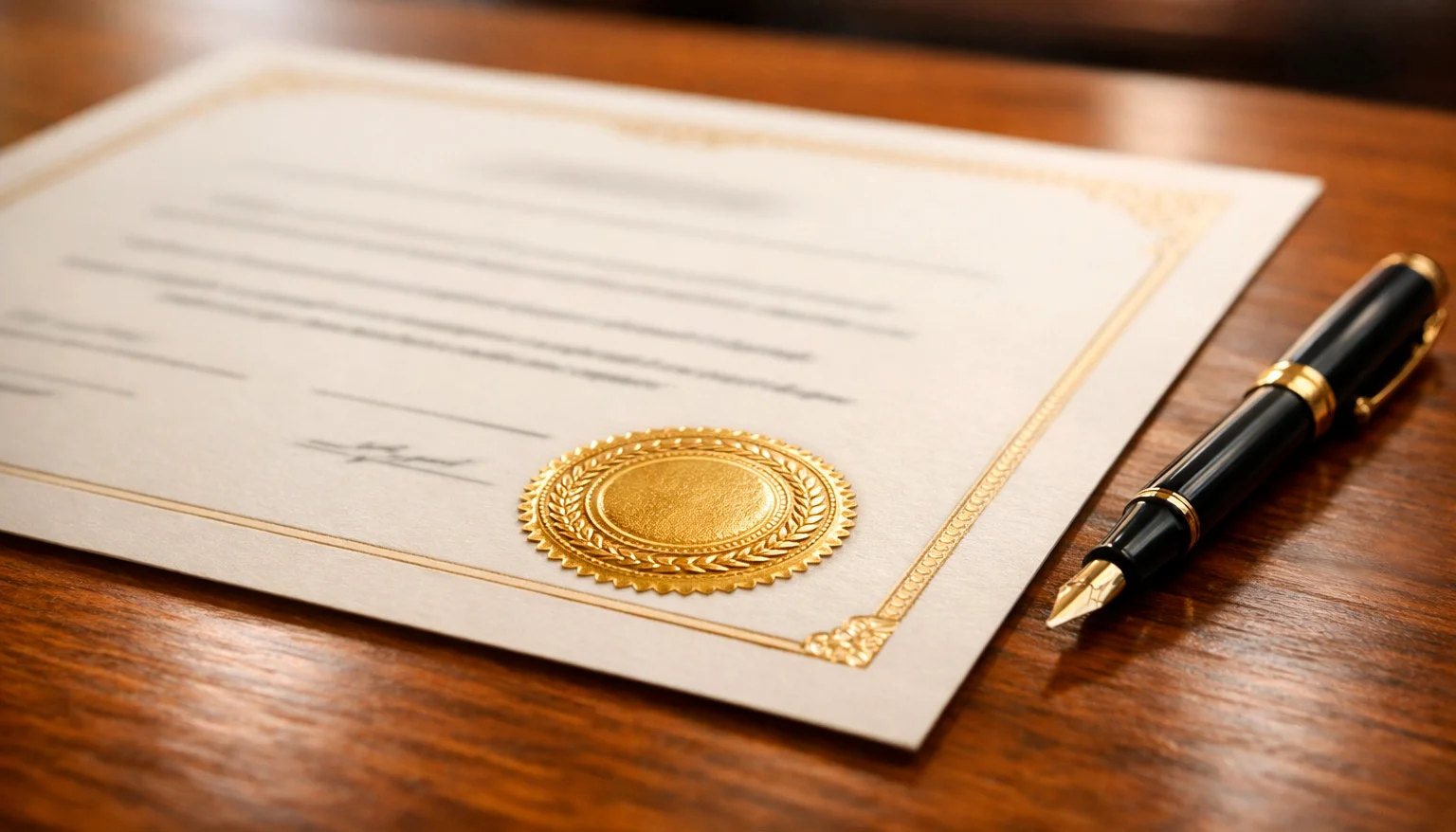 Document officiel avec sceau de certification et stylo sur un bureau