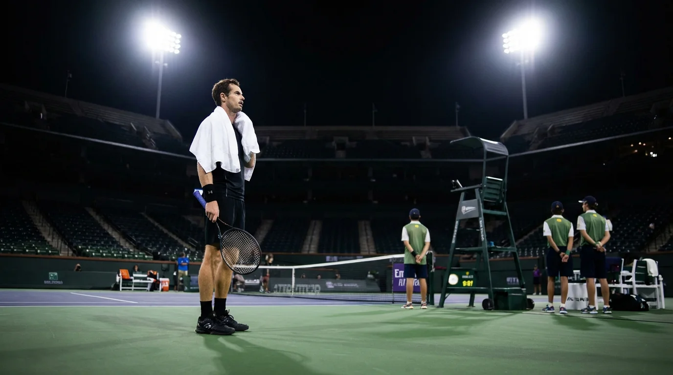 Joueur de tennis concentré entre deux points sous les projecteurs du stade