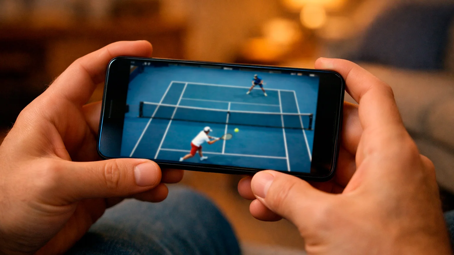 Personne regardant un match de tennis sur smartphone en plaçant un pari