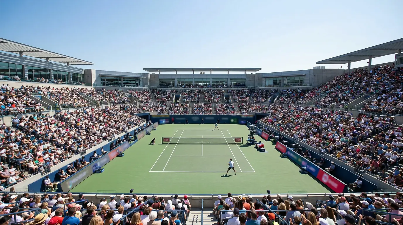 Vue panoramique d'un stade de tennis moderne rempli de spectateurs lors d'un Masters
