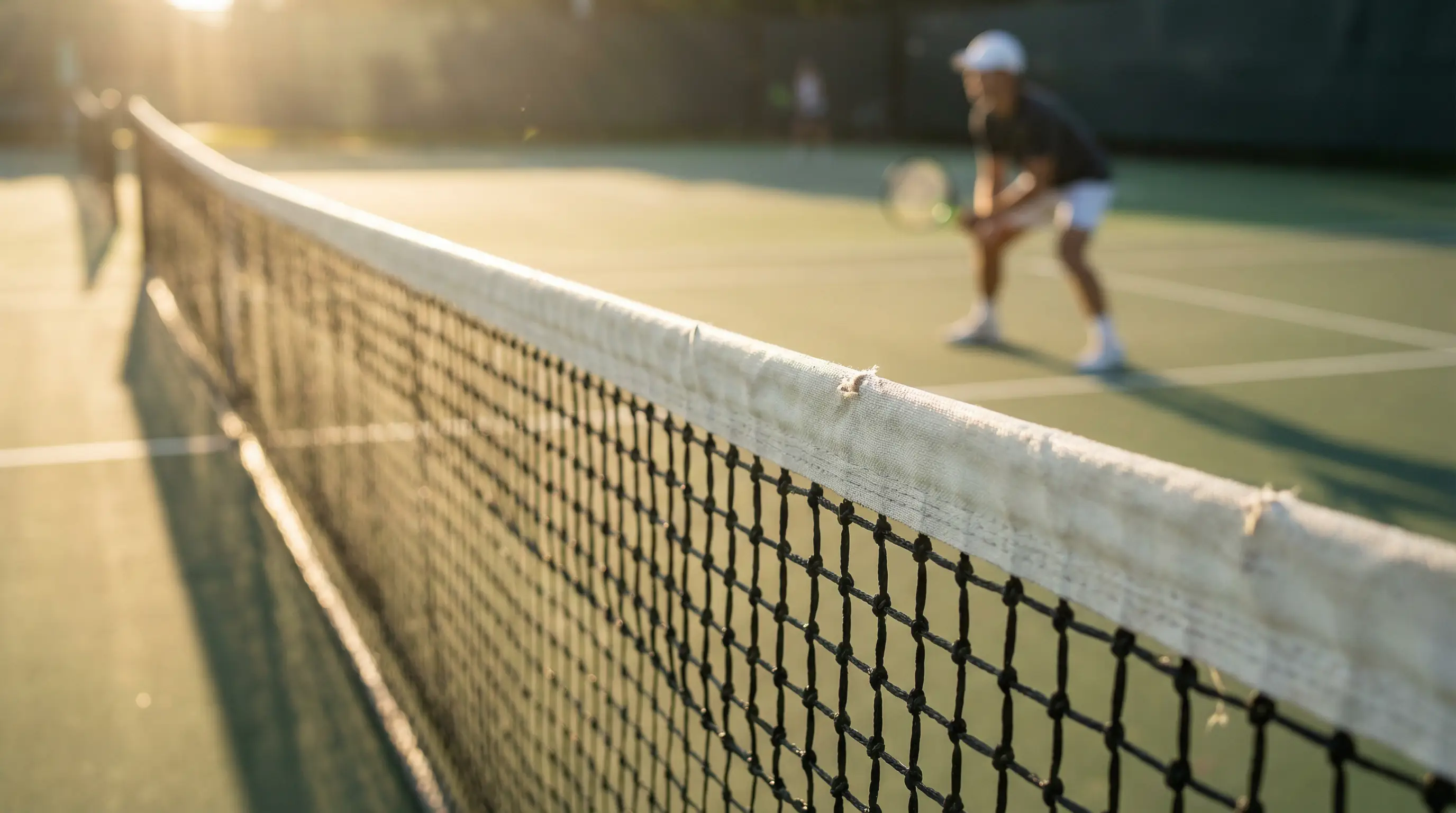 Gros plan sur le filet d'un court de tennis avec un joueur flou en arrière-plan