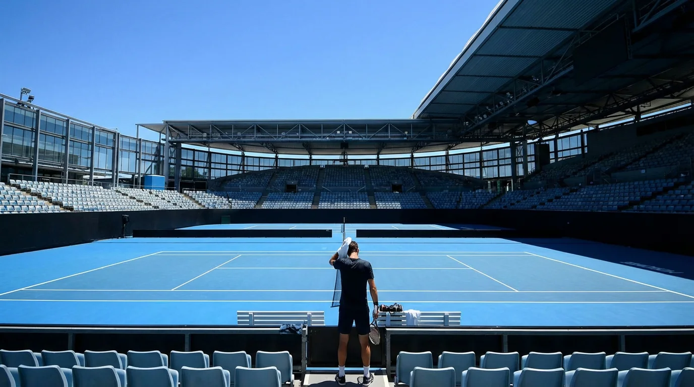 Court de tennis en dur de Melbourne Park sous un ciel bleu et soleil intense