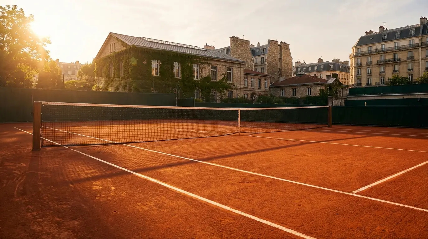 Court de tennis en terre battue de Roland-Garros baigné de lumière dorée