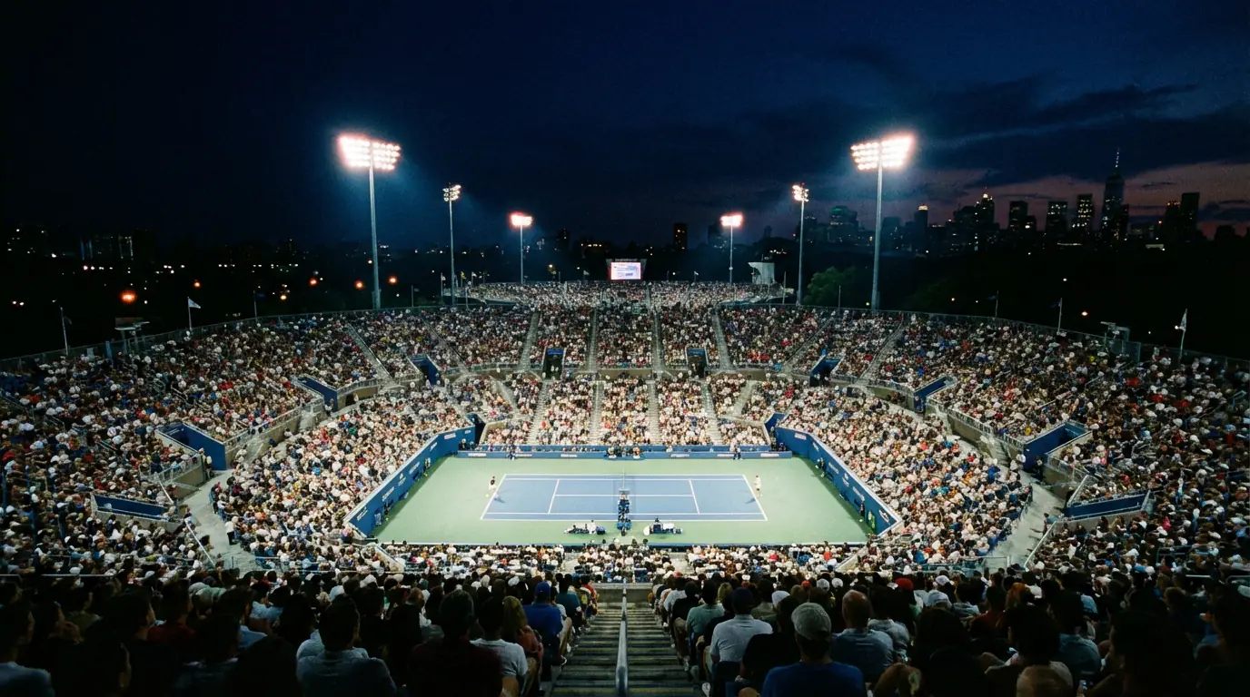 Court de tennis en dur sous les projecteurs du stade Arthur Ashe à New York la nuit