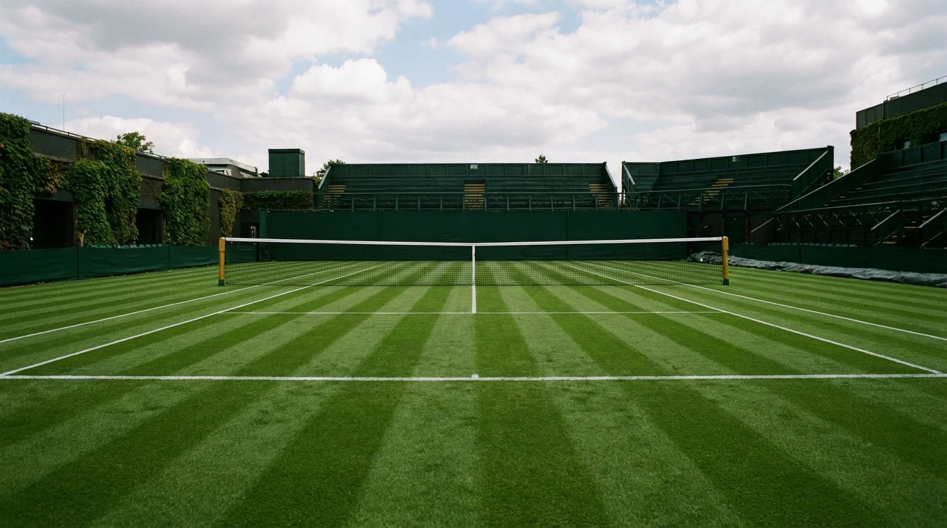 Court de tennis en gazon avec lignes blanches et filet sous un ciel britannique