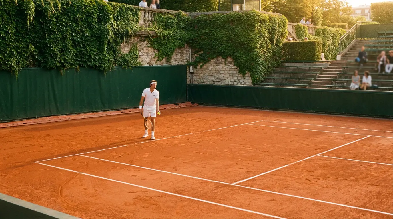 Court de tennis en terre battue de Roland-Garros avec un joueur au service