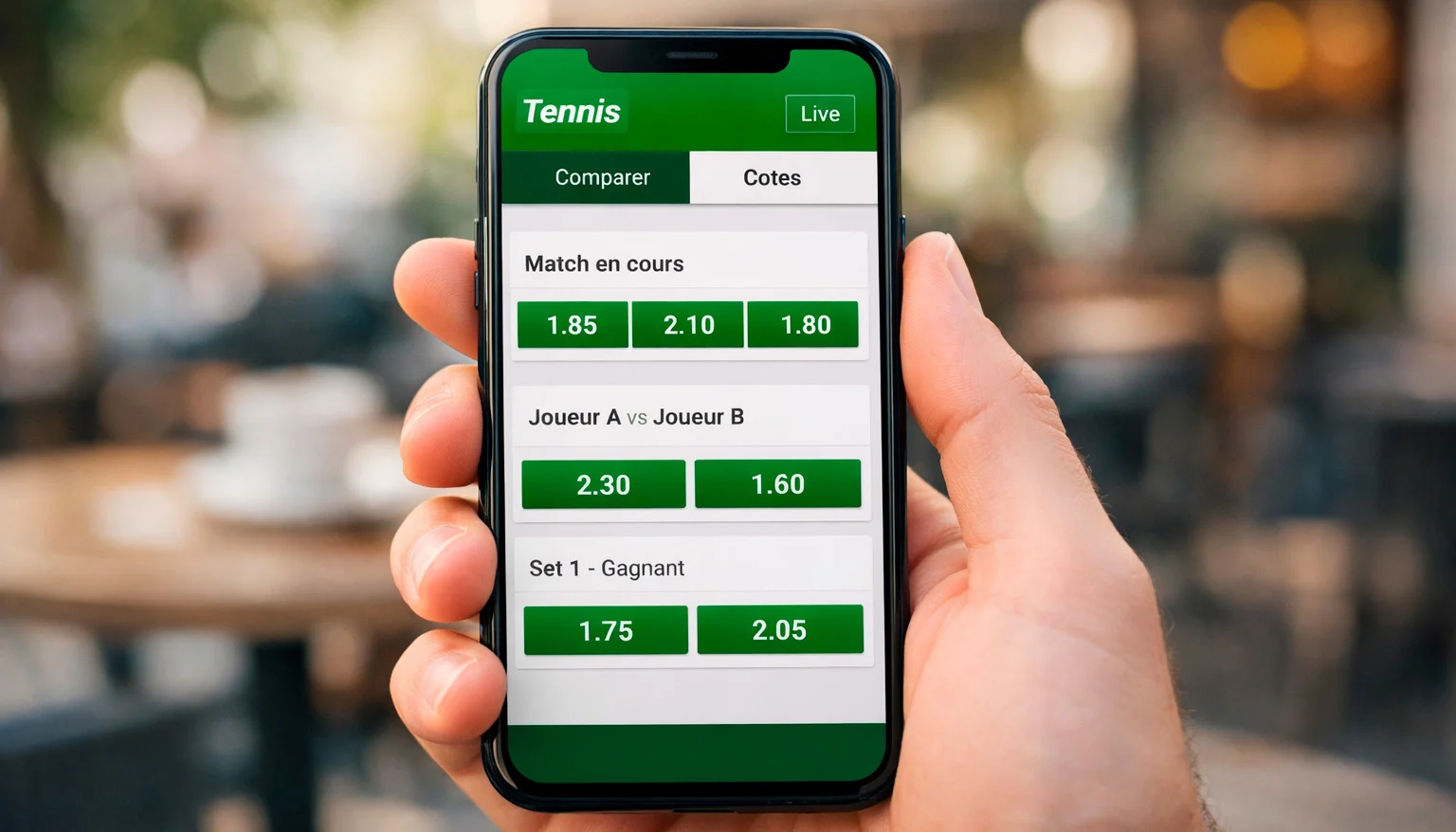 Main tenant un smartphone affichant une application de paris sportifs