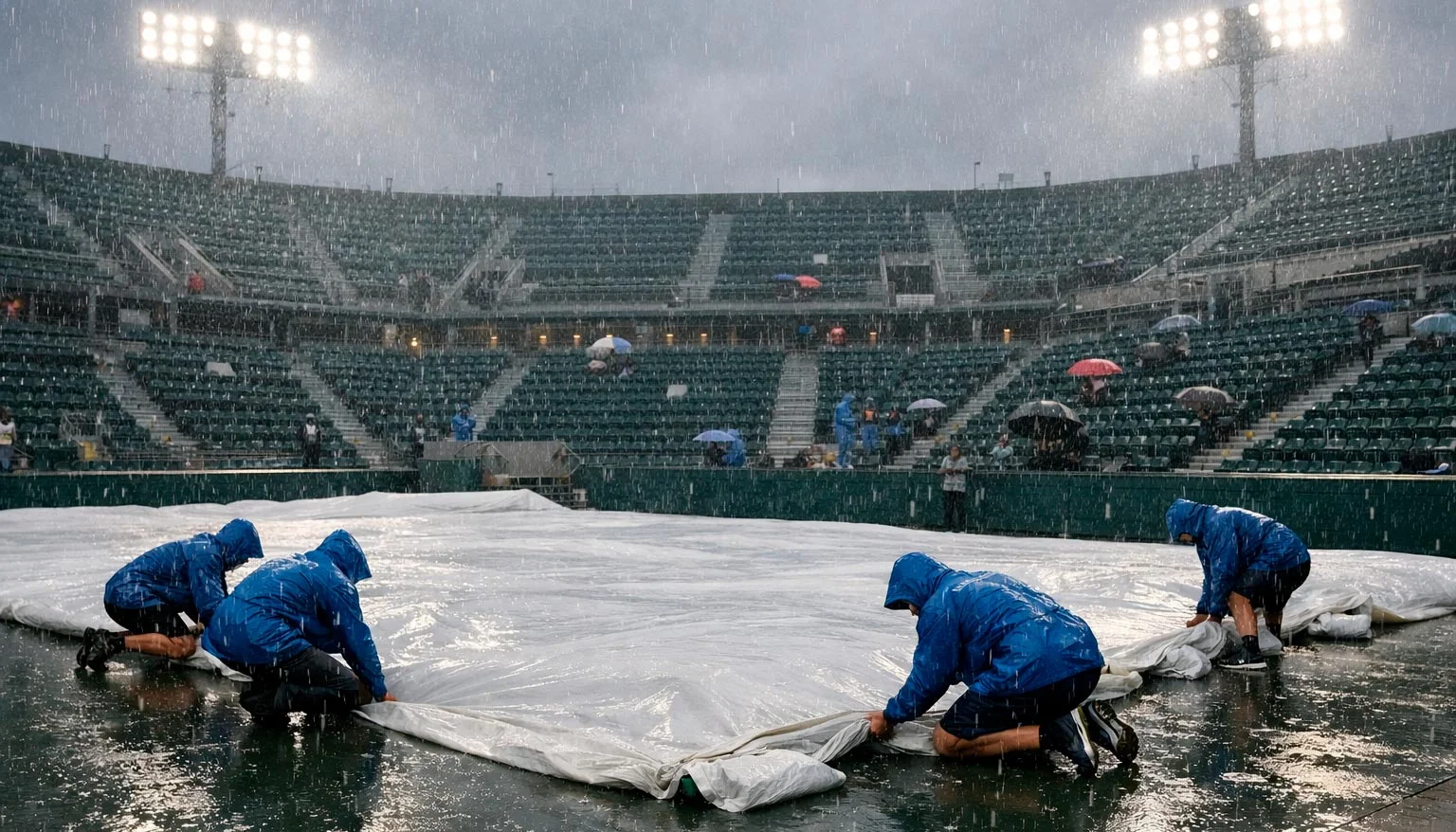 Court de tennis couvert par une bâche pendant une pluie battante