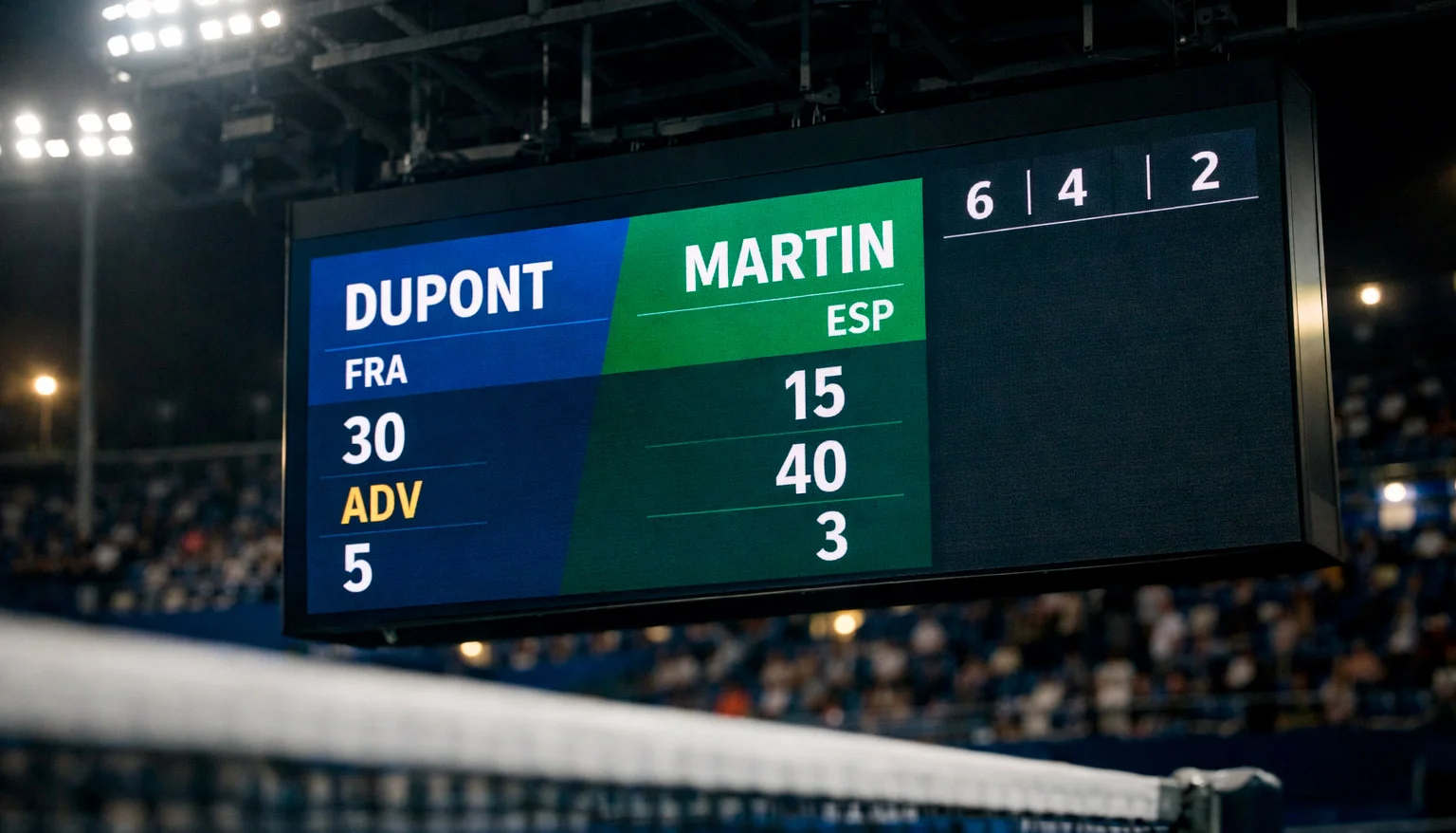 Tableau de score électronique affichant les sets lors d'un match de tennis
