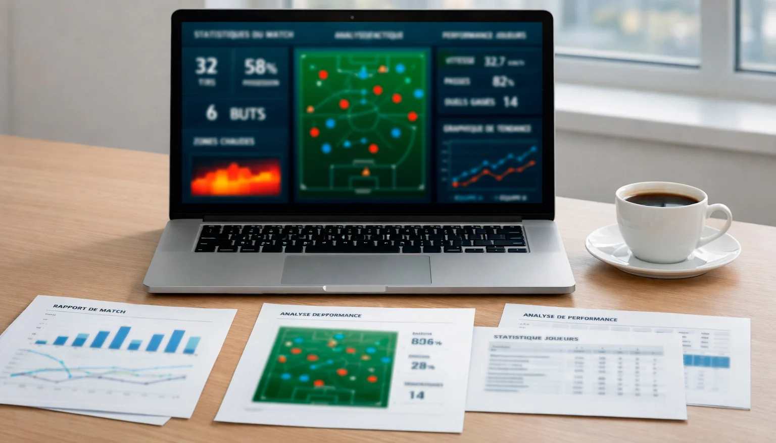 Bureau avec documents d'analyse sportive et ordinateur portable