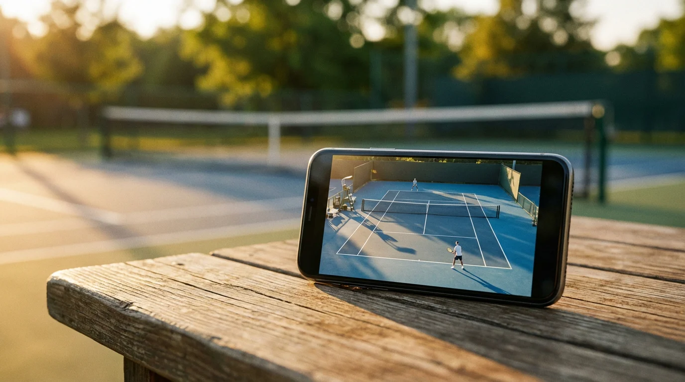 Smartphone affichant un match de tennis en direct posé à côté d'un court