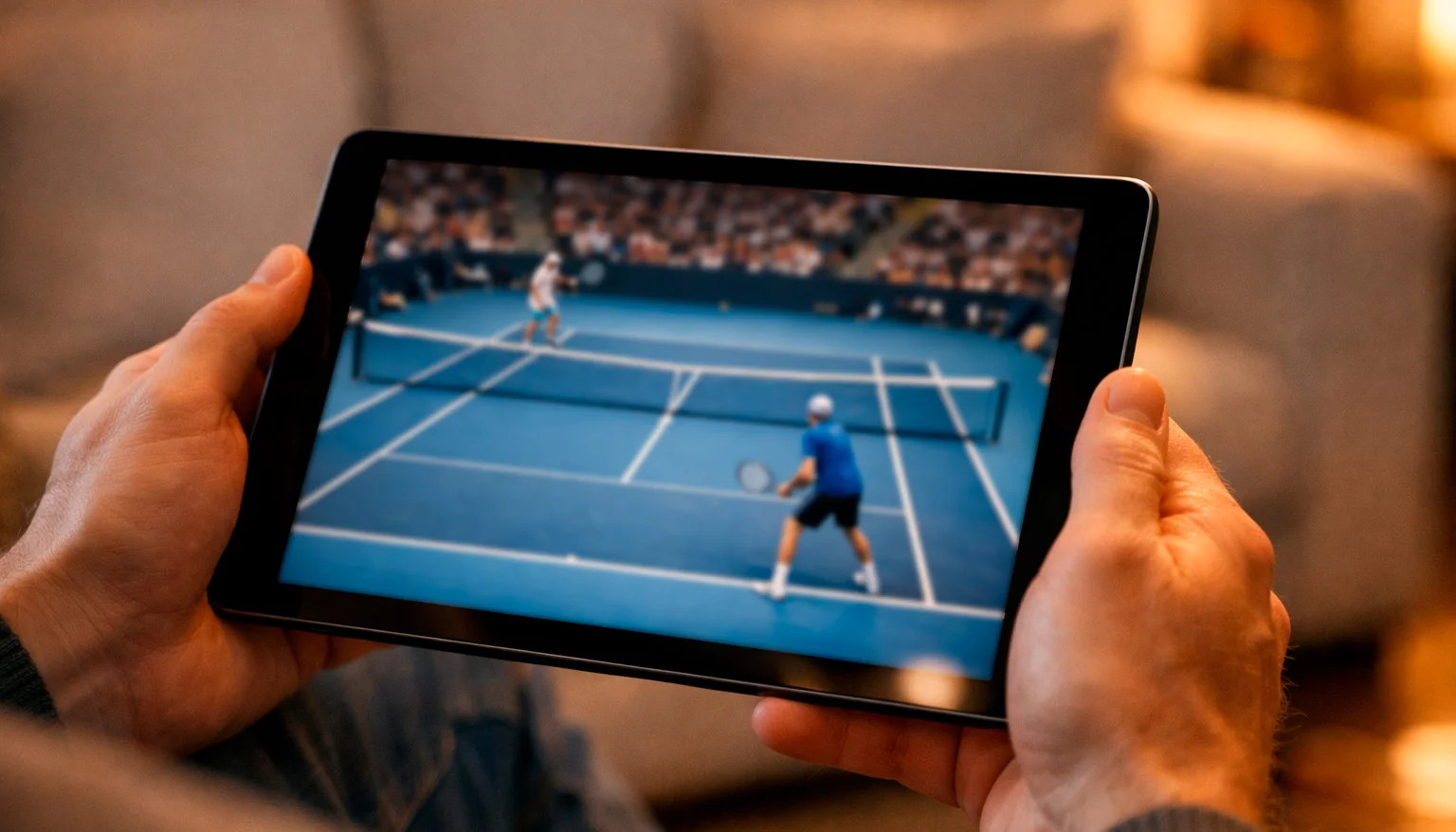 Personne regardant un match de tennis en direct sur tablette