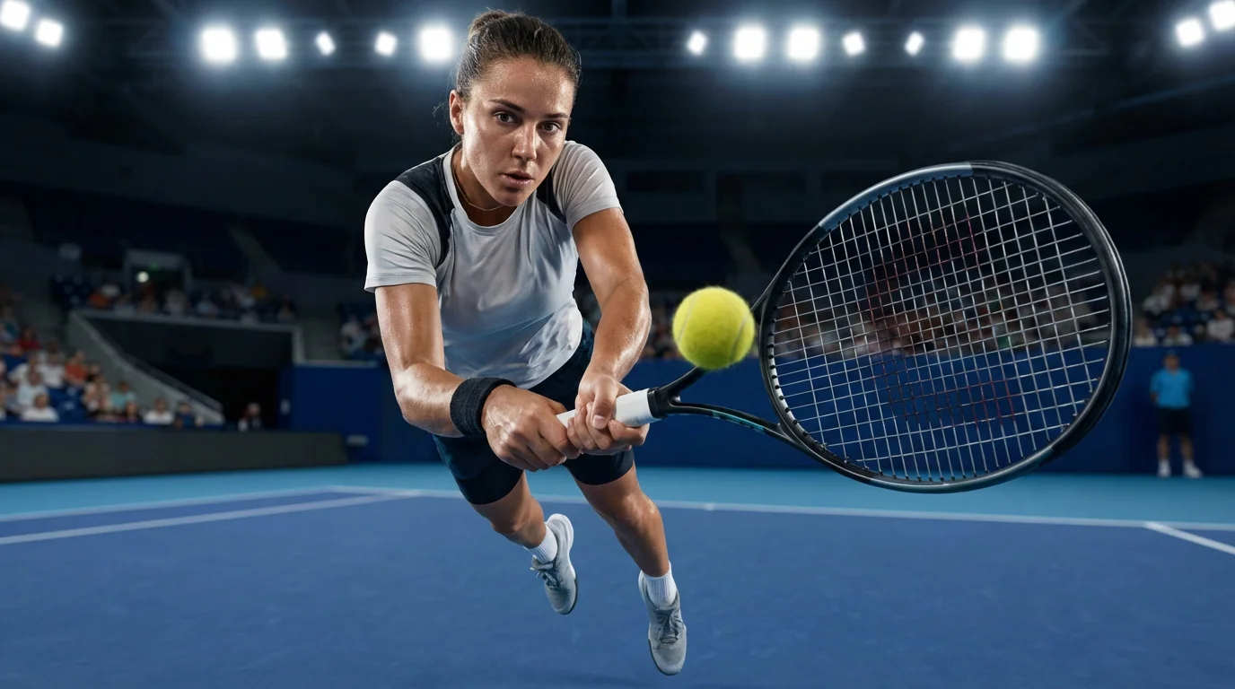 Joueur de tennis professionnel sur court en dur avec raquette et balle en mouvement