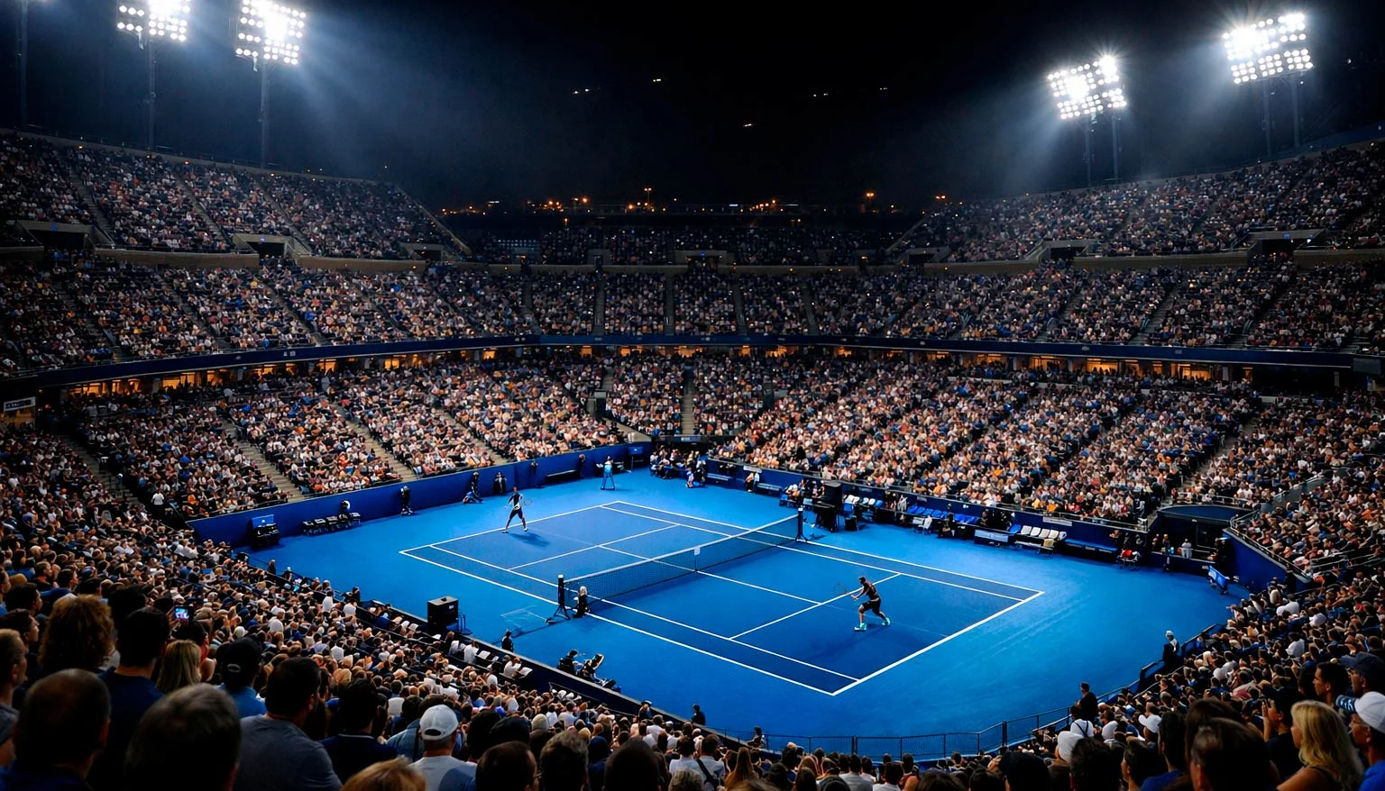 Arthur Ashe Stadium de nuit avec éclairage spectaculaire