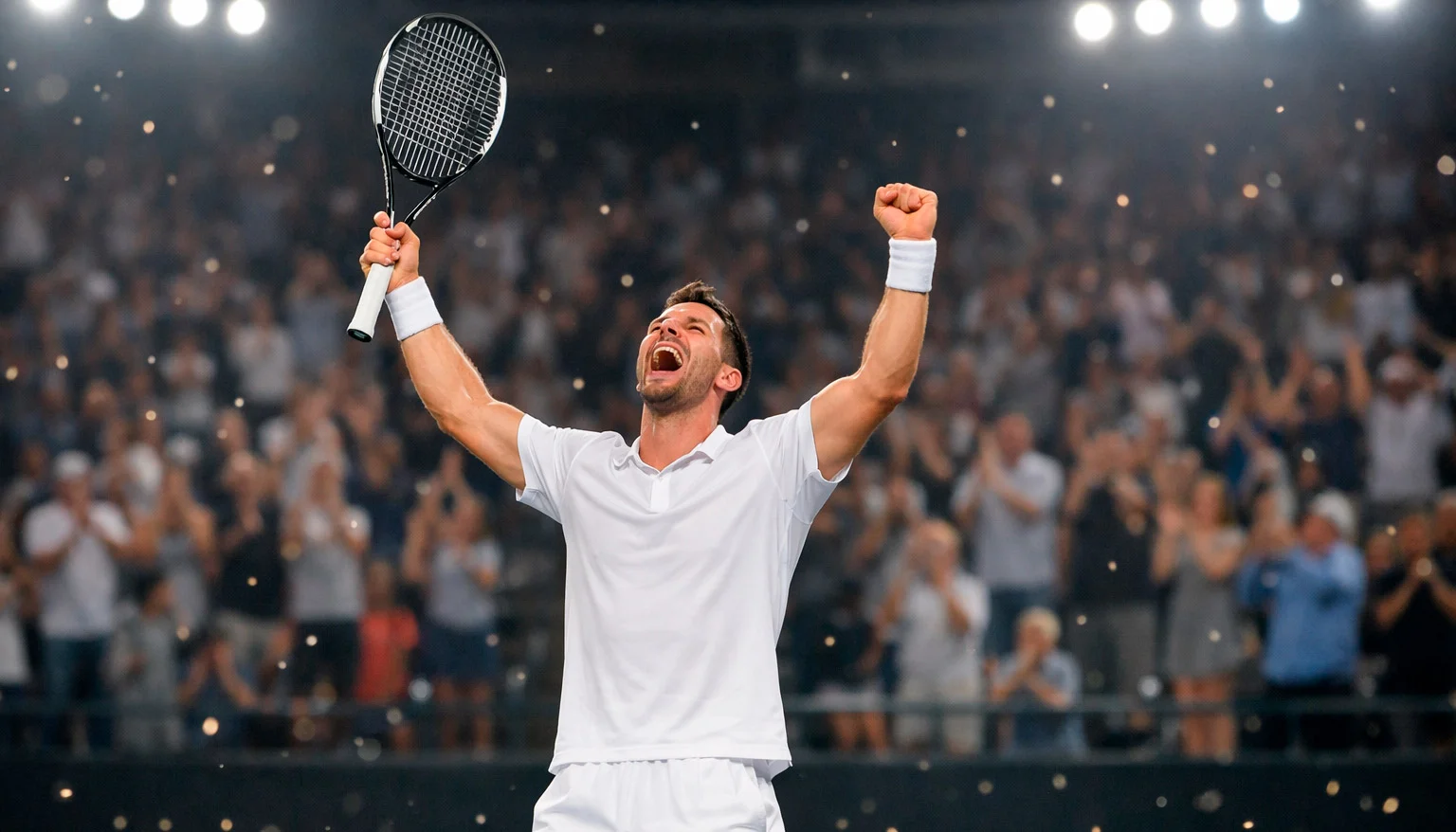 Joueur de tennis célébrant une victoire avec sa raquette levée